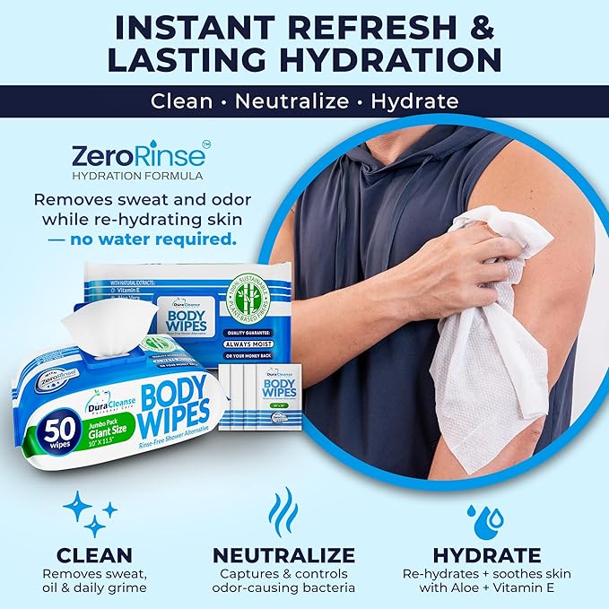 Dura Cleanse Body Wipes for Adults - Everyday Clean (Instant Fresh) - 1 Pack (54 Wipes), XL No-Rinse Bathing Wipes, Disposable Washcloths, Waterless Shower Alternative for Camping & Elderly Care