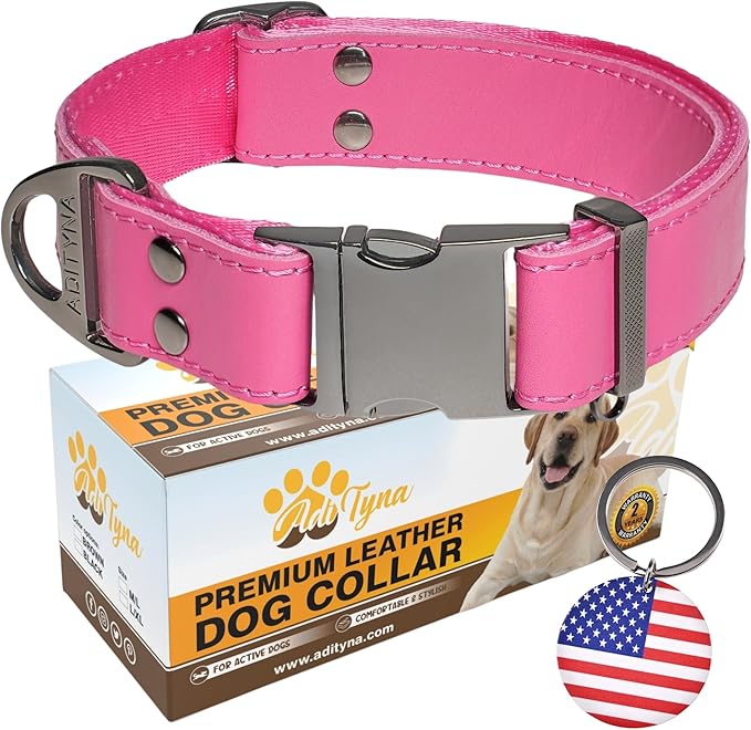 ADITYNA Pink Leather Dog Collar with Metal Buckle - Heavy-Duty, Adjustable for Large & Extra Large Girl Dogs - Walking & Training (Pink, Fits 19-30" Necks)