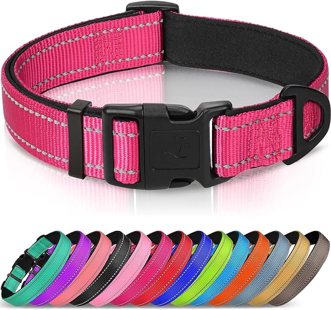 Joytale Reflective Dog Collar, Soft Neoprene Padded, Metal D-Ring, Nylon Pet Collar Adjustable for Extra Large Dogs, Hotpink, XL