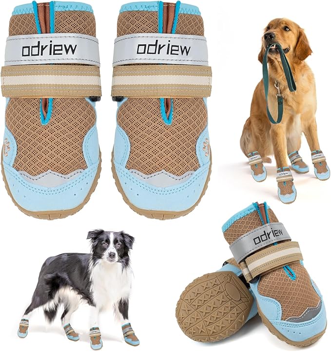ODRIEW Dog Shoes Large Size Dogs, 4PCS Breathable Mesh Dog Boots & Paw Protectors for Hot Pavement, Small Shoes for Dogs with Reflective Strip, Anti-Slip Sole for Outdoor Walking Hiking. (Khaki, 6)