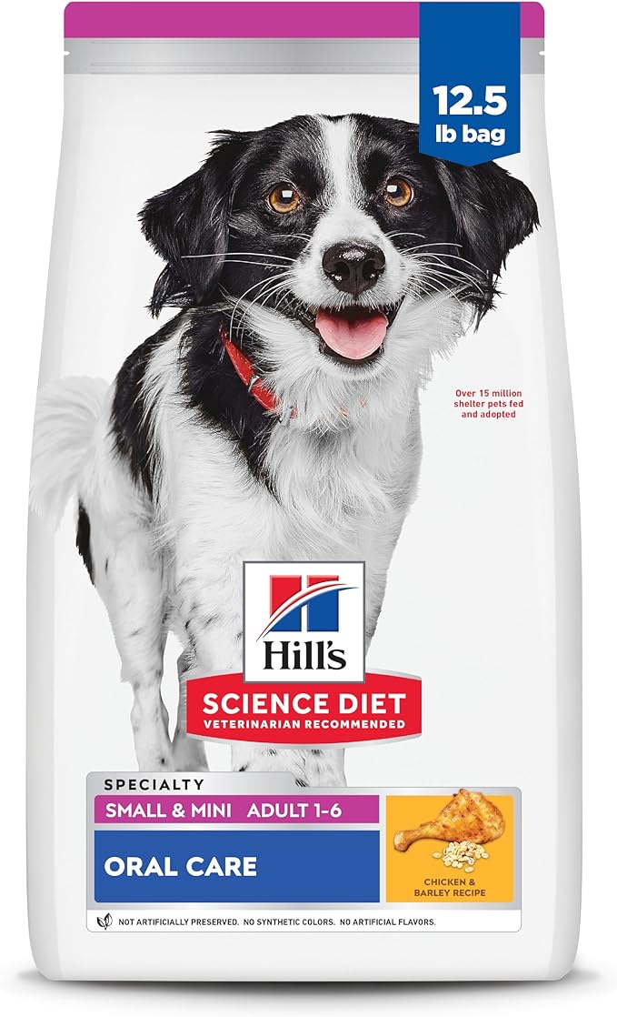 Hill's Science Diet Oral Care, Adult 1-6, Small & Mini Breeds Plaque & Tartar Buildup Support, Dry Dog Food, Chicken, Rice, & Barley, 12.5 lb Bag