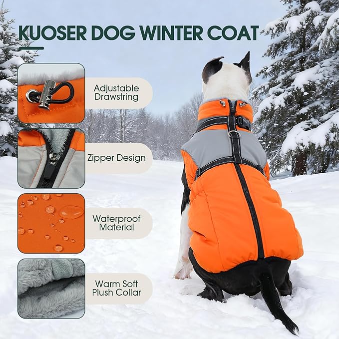 Kuoser Dog Coat, 2 in 1 Dog Jacket with Harness Built in, Winter Waterproof Puppy Puffer Jacket Snowsuit for Small Medium Large Dogs, Cold Weather Reflective Pet Fleece Hunting Vest with Zipper