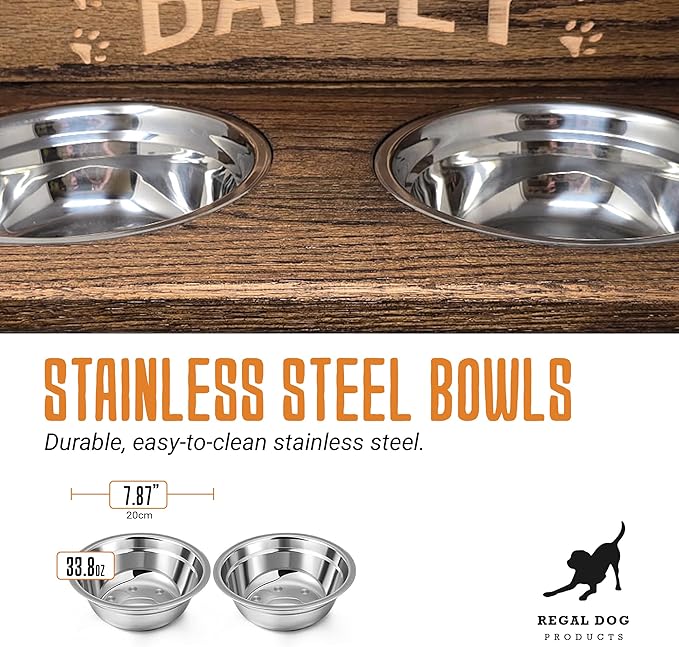 Elevated Dog Bowl Stand with Stainless Steel Bowls | Raised Dog Feeder | Oak Wood with Industrial Pipe Legs | Waterproof Finish | Handmade in USA (Custom Backsplash)