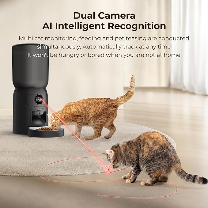 Smart Automatic Cat Feeder with Dual Camera, AI Pet Recognition, 6L Food Dispenser for Cats & Dogs, 2.4G/5G WiFi, App Control, Voice Interaction, Auto Cat Feeder with Dual Power Supply