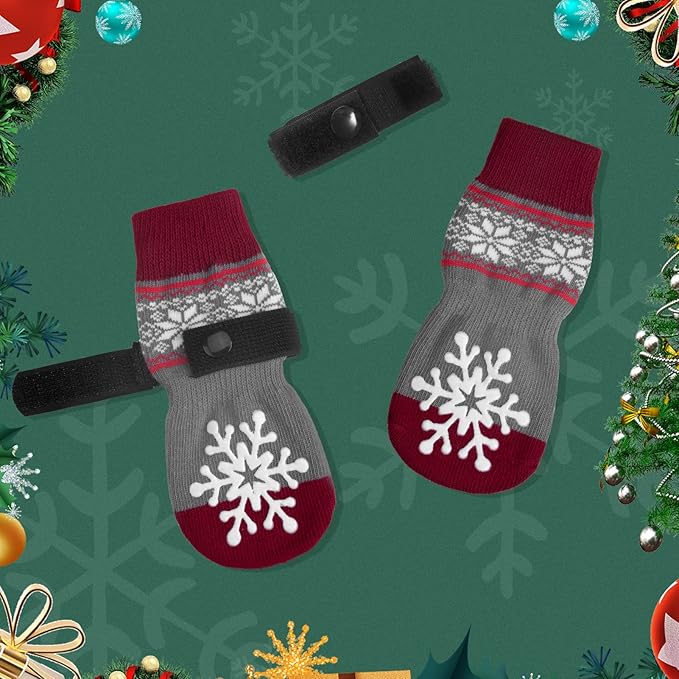 BEAUTYZOO Christmas Winter Anti-Slip Dog Socks with Grips Traction Control for Small Medium Large Dogs, Non Skid Indoor Double Side Pet Paw Protector for Hardwood Floor Wear, Snowflake