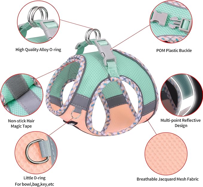 AIITLE Tiny Dog Harness - Lightweight Mesh Step-in Vest for Puppy, Reflective & Escape-Proof Design with High-Stick Magic Tape - Outdoor Use for Chihuahua, Maltese, Shih Tzu(Turquoise-Pink, XXXS)