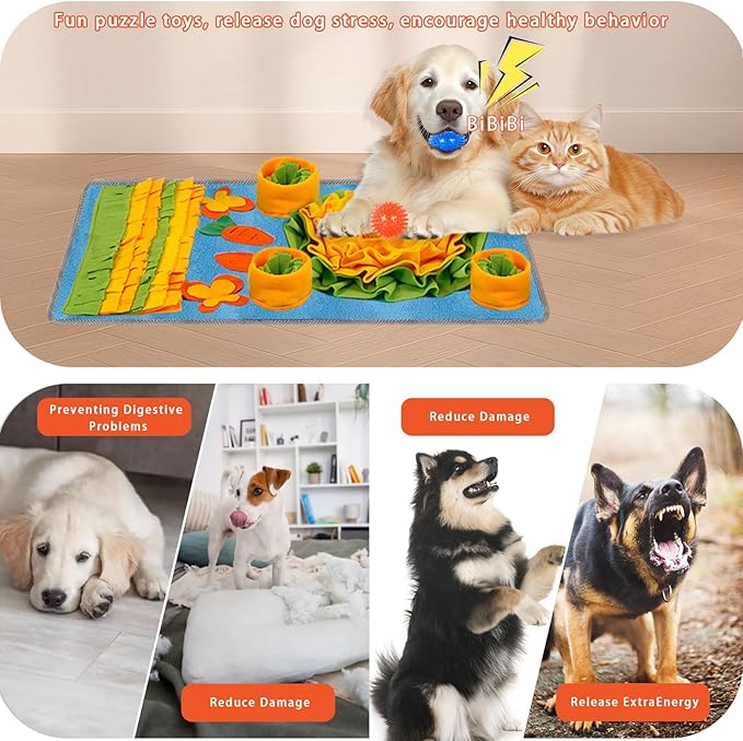 KVEXLIM Snuffle Mat for Dogs - Interactive Dog Feeding Mat with Squeaky Center & 2 Spikey Balls | Mental Enrichment Toy for Small, Medium, Large Dogs | Slow Feeder, Machine Washable, Non-Slip Base