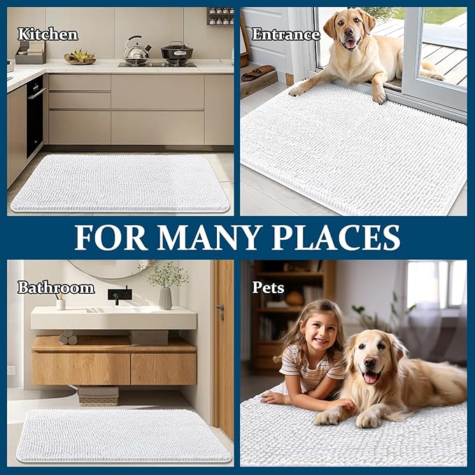 OLANLY Dog Door Mat for Muddy Paws 30x20, Absorbs Moisture and Dirt, Absorbent Non-Slip Washable Doormat, Quick Dry Chenille Mud Mat for Dogs, Entry Indoor Entryway Carpet for Inside Floor, White