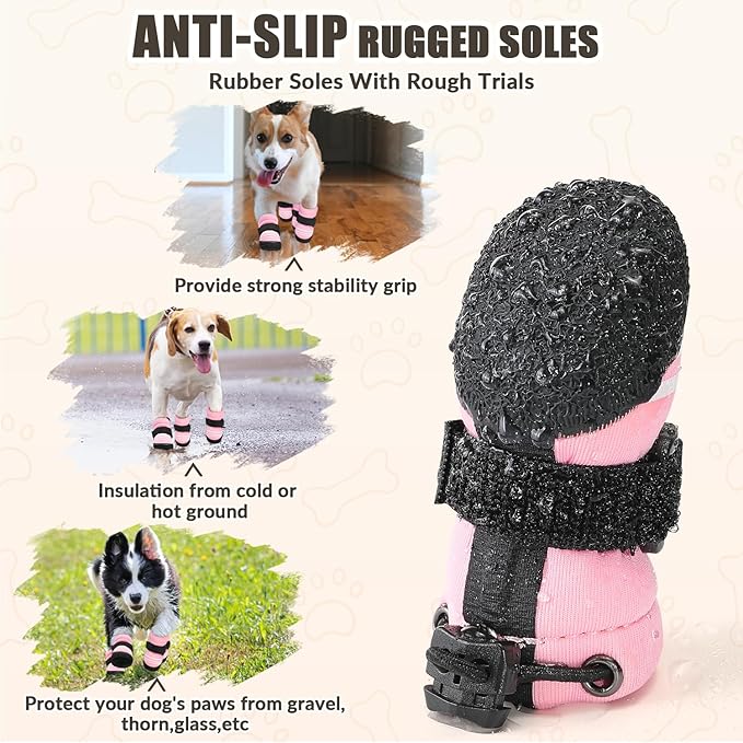 SlowTon Dog Shoes for Medium Large Dogs - Water Resistant Anti-Slip Dog Boots for Hot Pavement Rain Snow,Reflective Dog Paw Protectors for Outdoor Walking, Indoor Hardfloors(Pink,3)