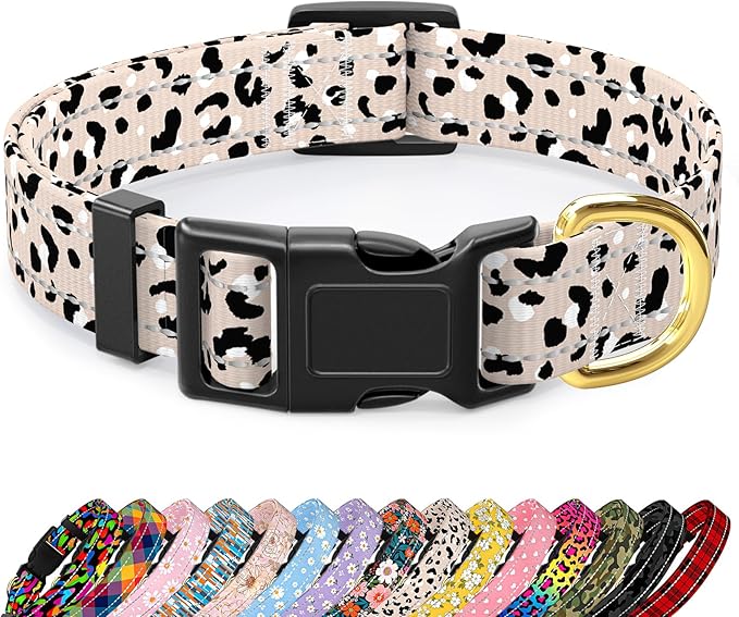 Reflective Dog Collar for Extra Small Dogs, Cute Leopard Style Adjustable Heavy-Duty Nylon Puppy Collar for Boy and Girl Female, Soft Pet Accessories with Quick Release Buckle, Beige