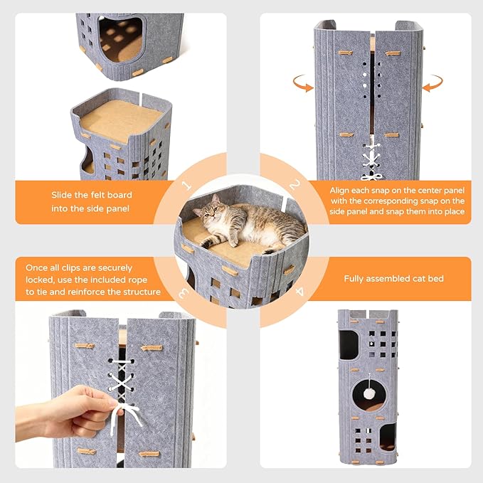 3 Storey Cat House for Indoor Cats,Foldable Large Cat Beds with Felt,Scratch Resistant,Cat Condos with Fluffy Balls,Cat Castle with Hideway Tunnel,Cat Playhouse for Multicats (Light Grey)
