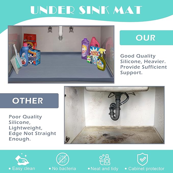 URMONA Waterproof Silicone Under Sink Mat 37'' x 22'' Shelf Liner for Kitchen and Bathroom, Cabinet and Counter Protector, Storage and Organizers, Litter Mat, Pet Cat Puppy Essentials(Cream)