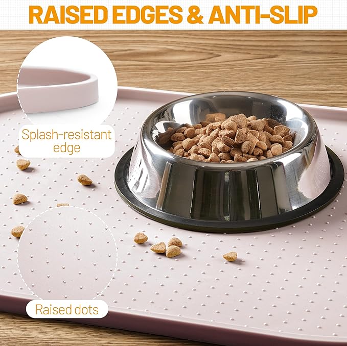 Hubulk 100% Waterproof Silicone Pet Feeding Mat with Raised Edge for Food and Water, Dog Bowl Mats, Cat Bowls Placemat with High Lip Protects Floor for Cats and Dogs (White Sand, 32" L x 24" W)