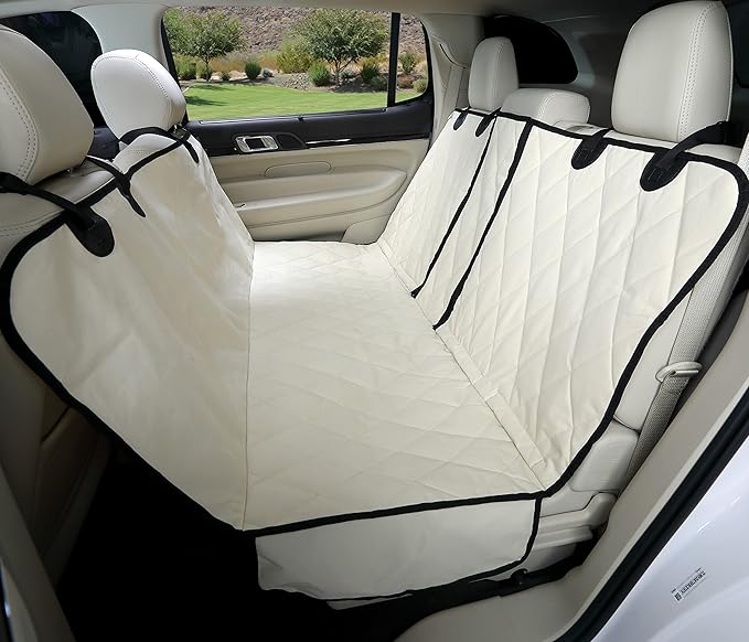 4Knines Dog Hammock for Cars, SUVs, and Small Trucks (Regular Size, Tan) – Rear Seat Cover for 60/40 Split Bench w/Armrest & Seatbelt Access – Heavy Duty, Waterproof, Easy Install, Machine Washable