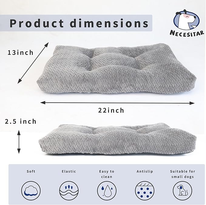 Puppy Bed for Small Dogs Washable Crate Bed for Cages 22 inch Warming Cozy Soft Pet Pad with Anti-Slip Up to 15 lbs Pets Pillows fit Small Size Dogs or Kitten,22x13 Dark Grey