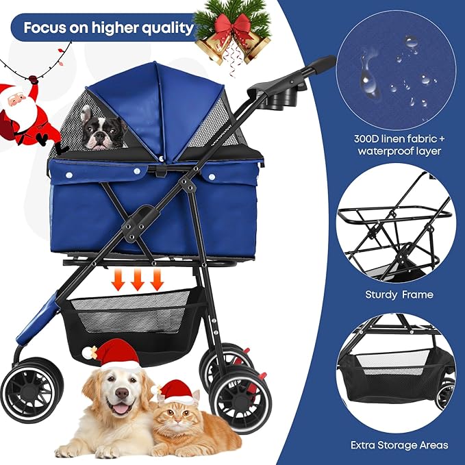 Pet Stroller,Dog Stroller for Small Medium Dogs Cats,3 Wheels,Foldable,with Breathable Mesh Canopy,Cup Holders,Easy Assembly,Navy Blue
