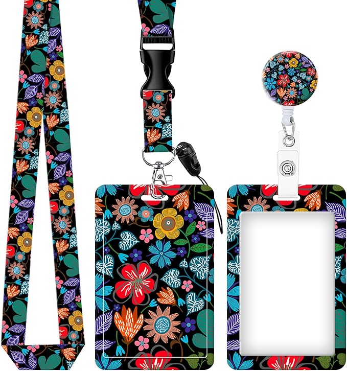 ID Badge Holder with Retractable and Detachable Lanyard, Cute Badge Reel Breakaway Lanyard with Carabiner Clip for Women, Teachers, Nurses, Students, Perfect Work and Office(Colorful Flowers)