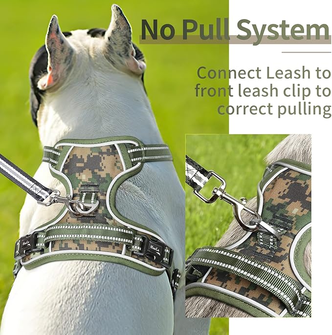 HEELE Dog Harness, No Pull Adjustable Padded Reflective Harness for Small Medium Large Dogs with Handle for Walking Training, Camo Green, XL