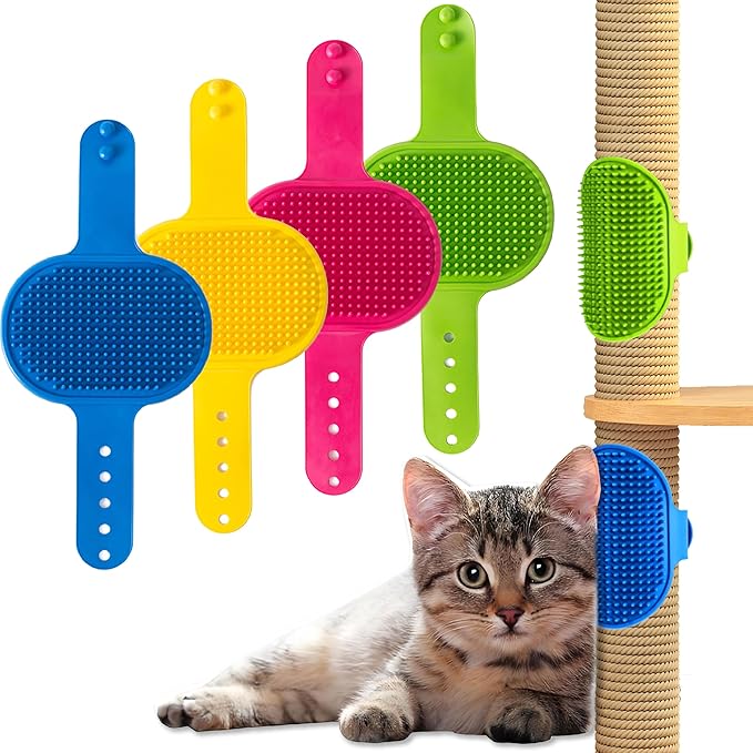 gentle silicone cat self groomer & corner scratcher - adjustable strap brush for indoor cats, no-damage furniture protector, collects loose hair, easy to clean in 4 colors