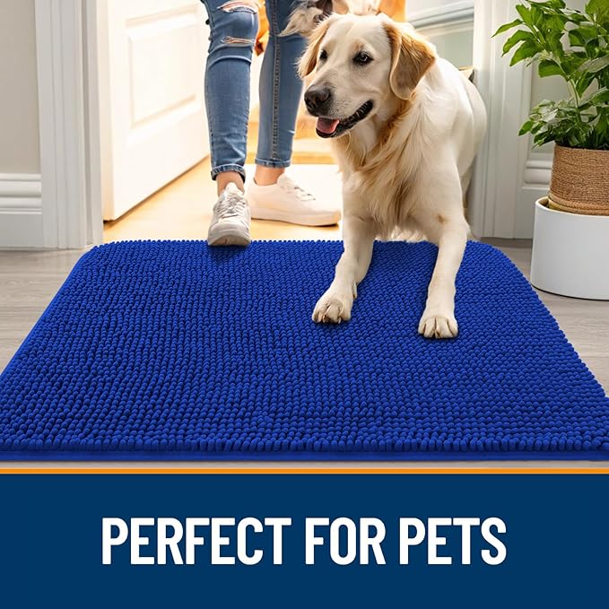 OLANLY Dog Door Mat for Muddy Paws 54x24, Absorbs Moisture and Dirt, Absorbent Non-Slip Washable Doormat, Quick Dry Chenille Mud Mat for Dogs, Entry Indoor Entryway Carpet for Inside Floor, Royal Blue