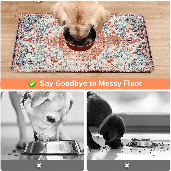 Absorbent Pet Dog Bowl Mat for Food and Water, Pet Cat Food Feeding Mat with Non Slip Rubber Backing, Dog Food Mats for Floors Waterproof, 16"x24"