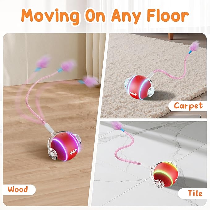 PANRIO Interactive Cat Toys for Indoor Cats,3 Modes Electric Moving Cat Ball with Feather Tail,800MAH Large Capacity & Low Noise,Automatic Kitten Toys for Bored Indoor Adult Cats