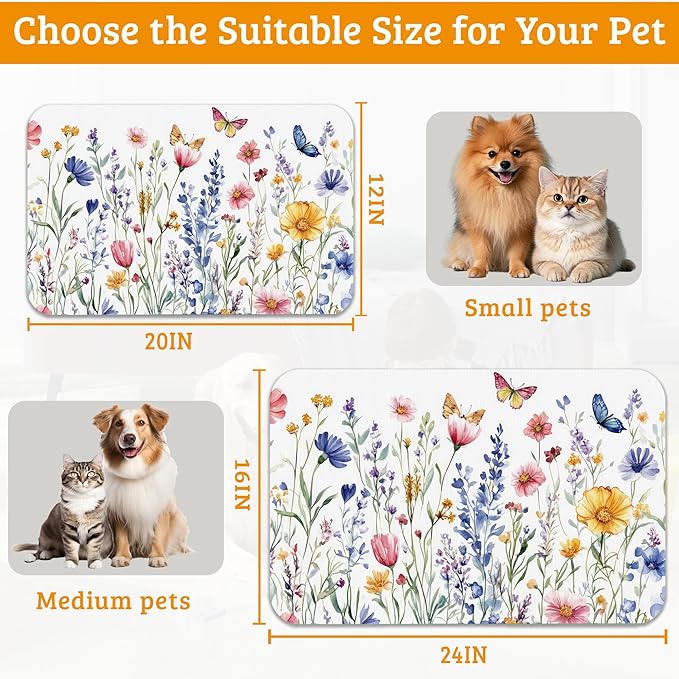 Flowers Butterfly Dog Food Mat,Colorful Absorbent Pet Feeding Mat for Food and Water Bowl,Quick Dry Dog Placemat Non Slip Rubber Backing Waterproof Pet Supplies 16" x 24"