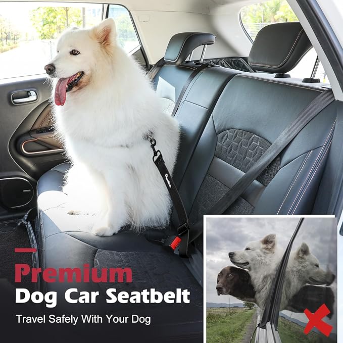 Pawaboo Dog Car Seatbelt, Universal Pet Safety Belt, Chew-Proof Dog Car Restraint with Adjustable Strap, Nylon Woven Belt & PVC Shell Dog Seatbelt, Dog Leash with 360° Hook,20 in, 2 Pack, Black