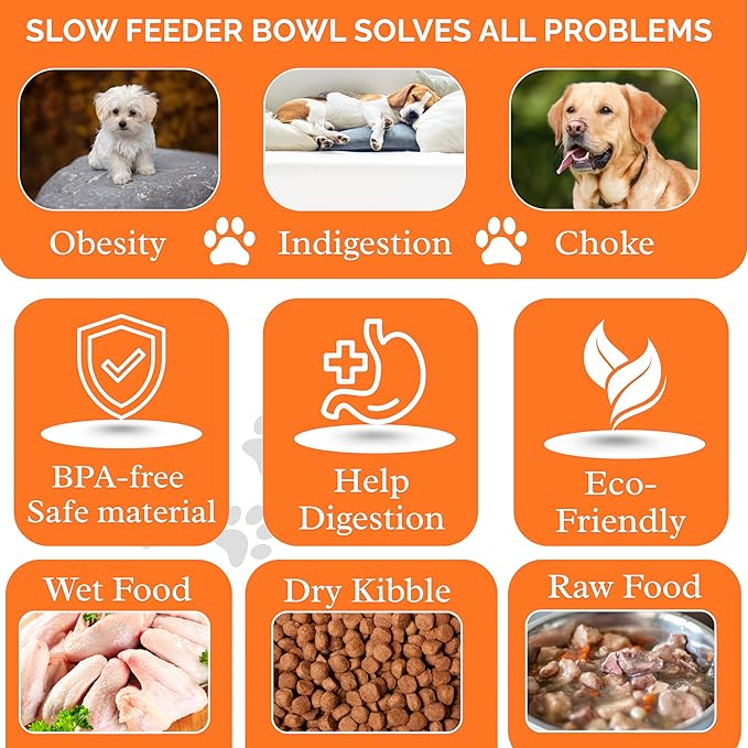 Slow Feeder Dog Food Bowl – Bowl Designed to Slow Eating, Promotes Healthy Digestion and Prevents Bloat, Ideal for Cats and Dogs (Red)