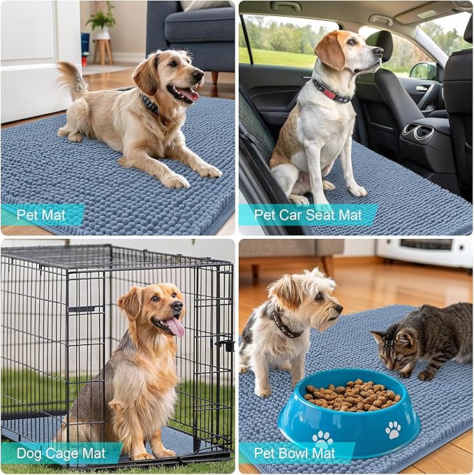 OLANLY Dog Door Mat for Muddy Paws 48x30, Absorbs Moisture and Dirt, Absorbent Non-Slip Washable Doormat, Quick Dry Chenille Mud Mat for Dogs, Entry Indoor Entryway Carpet for Inside Floor, Airy Blue