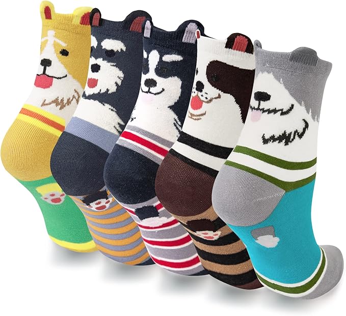 YSense Womens Cute Animal Socks 5 Pairs, Dog Cat Novelty Cartoon Crew Funny Socks Stocking Stuffers Gifts for Women Girl