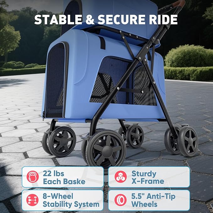 Magshion Foldable Double Pet Stroller for 2 Small & Medium Dogs and Cats, Detachable Top & Bottom Carriers, Breathable Mesh, One-Click Fold, Cat Stroller with No Zip Entry
