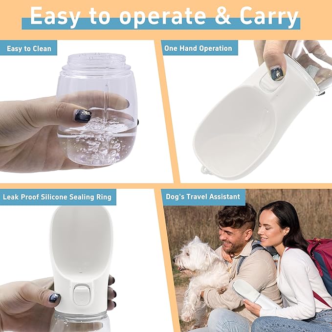 Maiiu Portable Travel Dog Bottle with Bowl, Leak Proof, Convenient for Walking, Hiking and Camping (White, 12oz)
