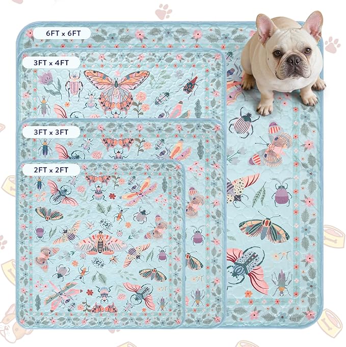 Lahome Washable Reusable Pee Pads for Dogs - Blue Butterfly & Insect Print 2 Pack Puppy Pads, Super Absorbent & Waterproof Training Mats for Crate & Floor - Leakproof with Non-Slip Backing (24"x24")