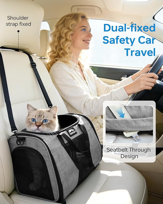 Pet Carrier with Removable Wheels American Airline Approved, Rolling Cat Carrier with Telescopic Handle and Shoulder Strap, Breathable Soft-Sided Carrier with Locking Zipper for Small Cats Dogs(Grey)