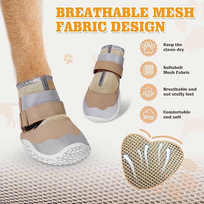 DcOaGt Dog Shoes Large Size Dogs,Mesh Breathable Dog Boots & Paw Protectors for Hot Pavement Summer Winter Snow, 360°Anti-Slip Dog Booties with Reflective Strips for Hiking/Walking,Khaki 4PCS(Size 7)