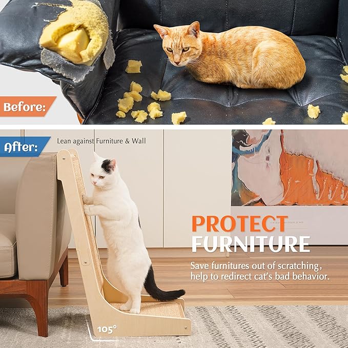 PETKARAY 105° Cat Scratcher, Sisal Kitty Scratch Pad, L Shape Scratching Board for Indoor Cats, Floor Mounted Scratcher with Mouse Toy Catnip