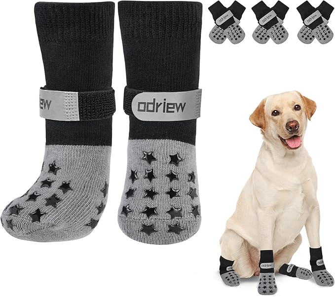 ODRIEW Non Slip Dog Socks to Prevent Licking Paws - Dog Booties for Hardwood Floors Anti Slip - Grippy Socks for Senior Dog - Double Side Paw Protector Prevent Scratching for Hot Pavement. (Grey, S)