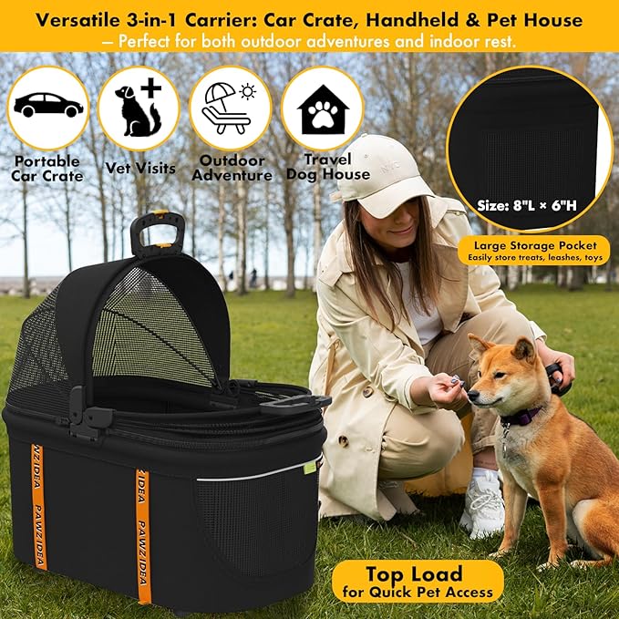 PAWZIDEA Portable Small Dog Crate for Car Travel, Enclosed Pet Car Seat for Small/Medium Dogs & Cats up 33 lb, Reversible No-Zip Canopy, Soft-Sided Pet Carrier Basket, Foldable Dog Kennel, Metal Frame