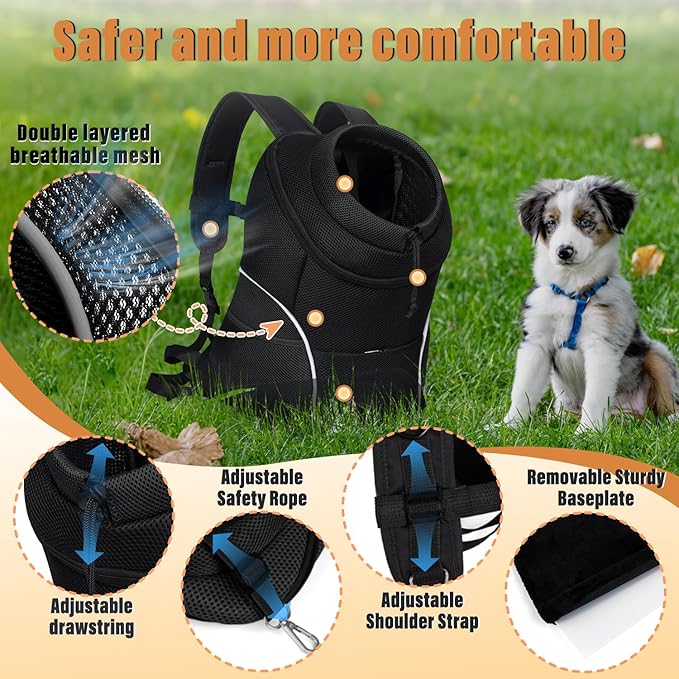 YUDODO Dog Front Carrier Backpack, Adjustable Breathable Pet Carrier for Small Dogs, Ventilated Puppy Back Pack with Safety Belt, Lightweight Doggy Backpack for Hiking Outdoor(Jet Black, L)