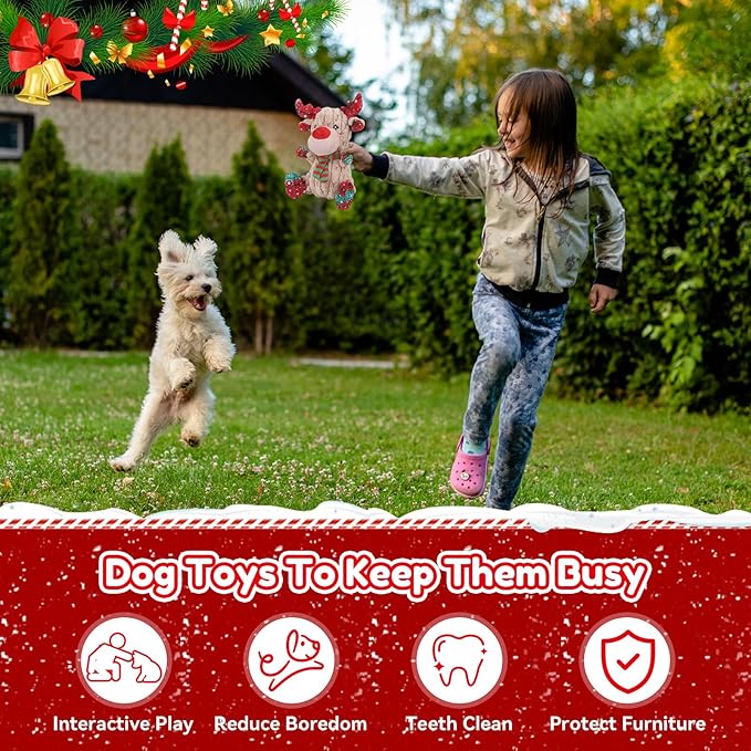 loncoldy Christmas Dog Toys, Funny Squeaky Reindeer Toy with Crinkle Paper Attract Pets, Interactive Plush Chew Toys, Adorable Christmas Elk Dog Gifts for Small Medium Large Dogs