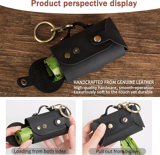 Handmade Leather Dog Poop Bag Dispenser with Belt Attachment,Durable, Stylish Waste Bag Holder, Dog Walkers, Brass Metal Clip, Charcoal Black