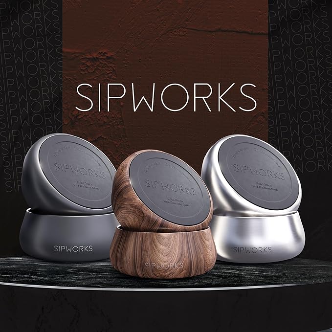 Sipworks Stainless Steel Dog Bowl – 32oz Weighted Metal Food and Water Bowls for Dogs and Cats with Non-Slip Base - Pet Bowls for All Breeds Sizes for Travel & Outdoor Play - Mahogany