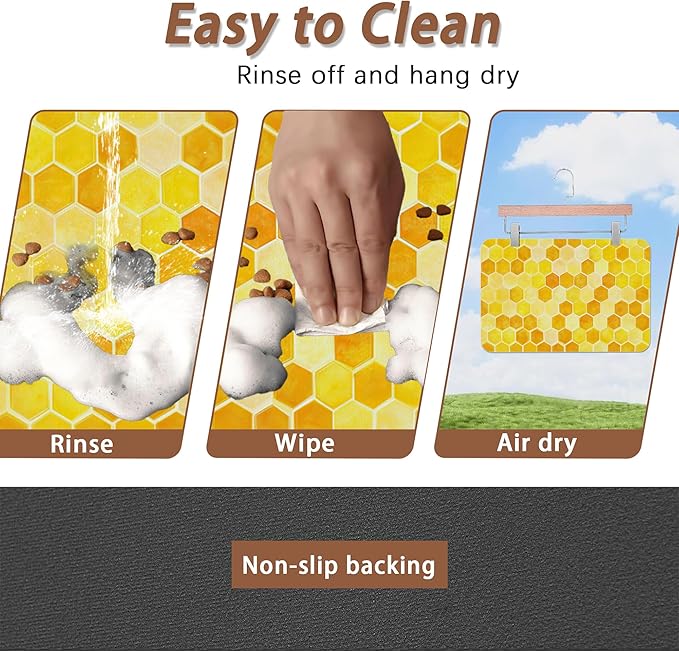 Honeycomb Bee Geometric Dog Food Mat for Floors,Absorbent Quick-Dry Pet Feeding Mat,Cat Dog Bowl Mats for Food and Water,Non-Slip Pet Accessories Supplies 16"x24"