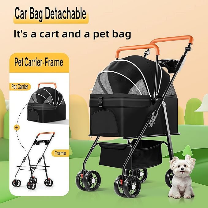 Pet Stroller for Medium Small Dogs/Cats - 4 Wheels Foldable Dog Stroller with Storage Basket,Dog/Cat Carrier,Adjustable Handle,Folding Puppy Carrier Suitable for Traveling with Cats and Dogs (Black)
