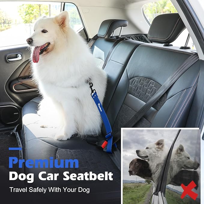 Pawaboo Dog Car Seatbelt, Universal Pet Safety Belt, Chew-Proof Dog Car Restraint with Adjustable Strap, Nylon Woven Belt & PVC Shell Dog Seatbelt, Dog Leash with 360° Hook,20 in, 2 Pack, Blue + Black