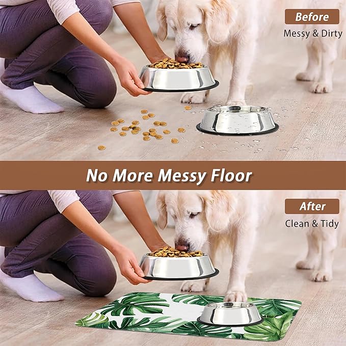 Palm Leaf Pet Feeding Mat,Boho Absorbent Quick-Dry Cat Dog Food and Water Bowl Mats,Non-Slip Rubber Backing Mat,Cat Dog Accessories Supplies 16"x24"