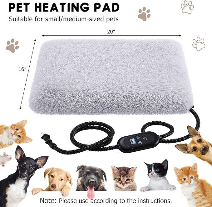 Heating Pad for Cats dogs, Thickened Calming Anti Anxiety Puppy Bed, Anti-Slip Fluffy Plush Faux Fur Cat Bed with Removable Washable Cover Non-Slip Bottom, Electric Cat Warming Pad(20" x 16")