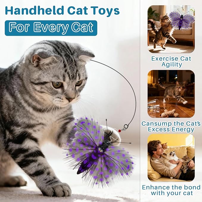Walfront Interactive Cat Wand Toy with Feather & Butterfly Attachments, Cat Toys for Indoor Cats and Kittens, Replaceable Teaser Heads, Bright Colors, Durable Wand, Boosts Hunting Instinct & Exercise