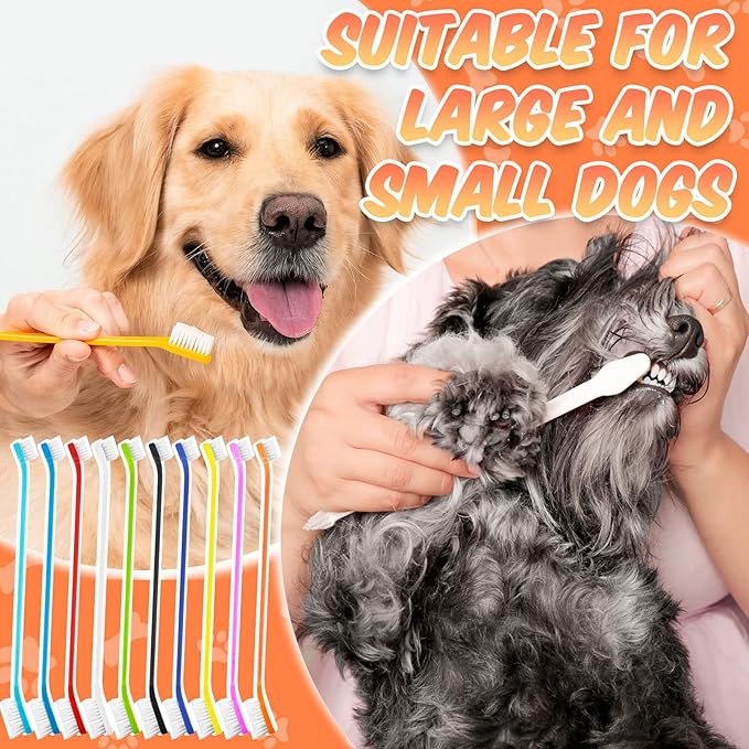 100 Count Dog Toothbrush Bulk Dual Headed Pet Toothbrush Kit Soft Bristles Long Handle Double Sided for Dog Grooming Puppy Pet Large Small Teeth Cleaning Dental Oral Care, 10 Color